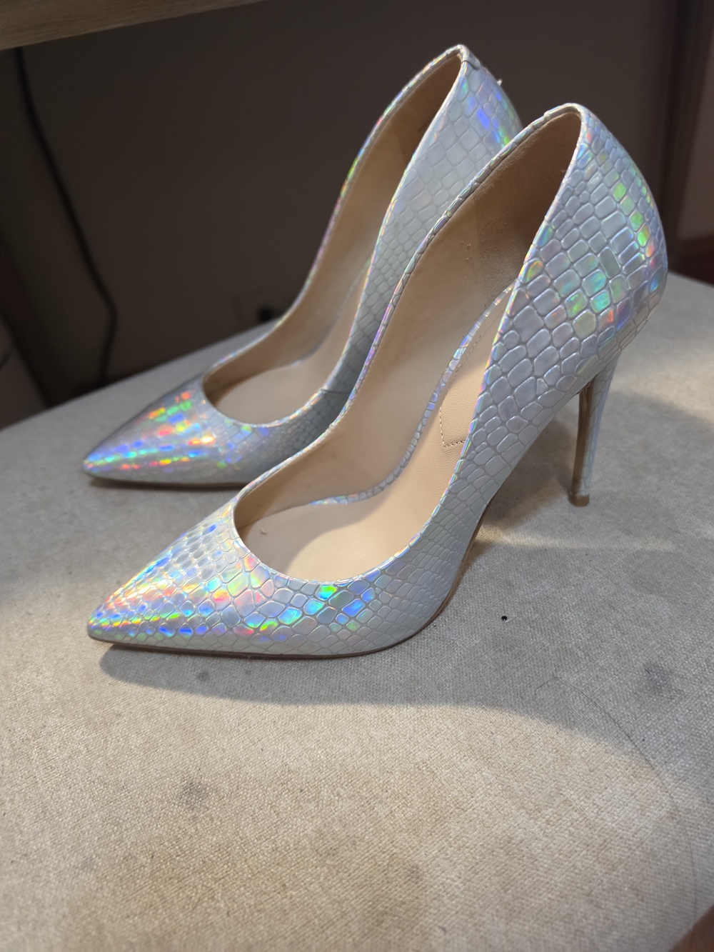 Aldo Iridescent White Croc-Print Pointed Toe Stiletto Heels